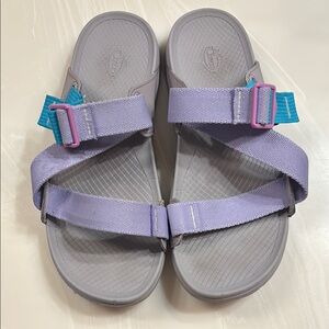 Gray and Purple Sandals with Blue Accent